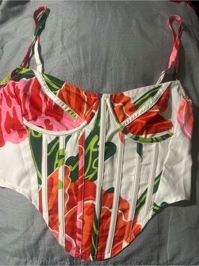 PrettyLittleThing White Floral Corset Crop Top with Pink & Orange Accents